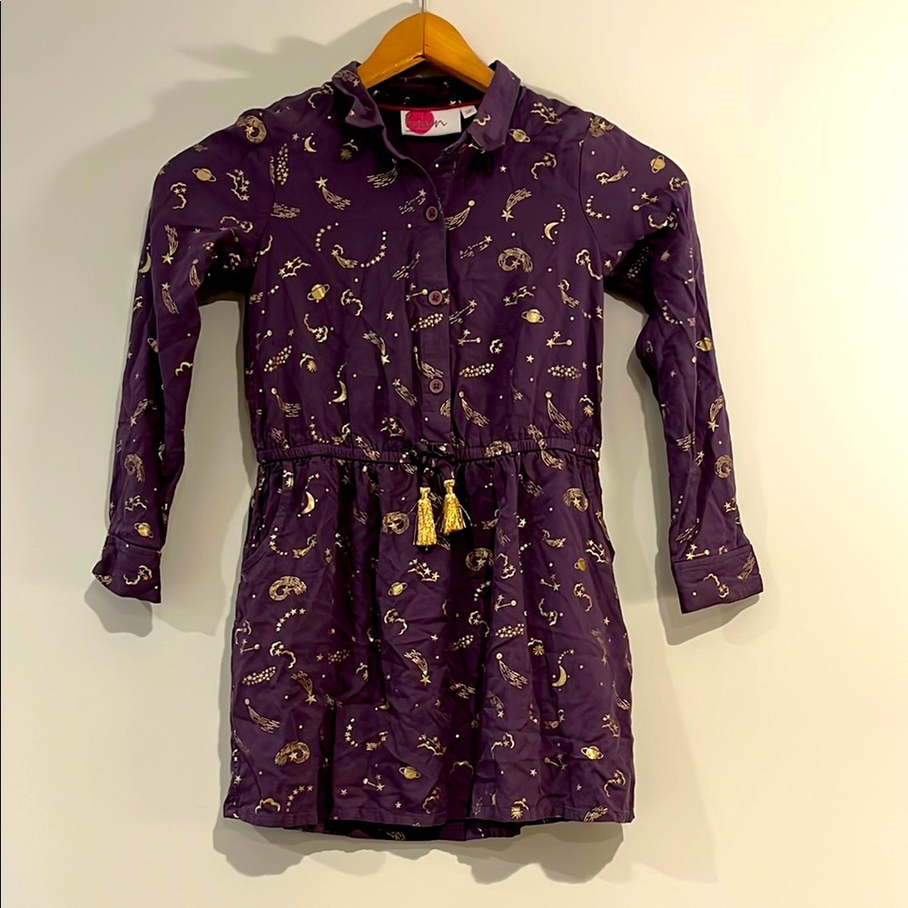 BODEN Girls 7/8 Space Long Sleeve Dress Purple Gold Tassel Lightweight Pockets - Picture 2 of 8